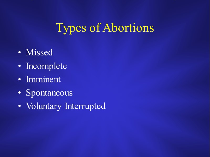 Types of Abortions Missed Incomplete Imminent Spontaneous Voluntary Interrupted